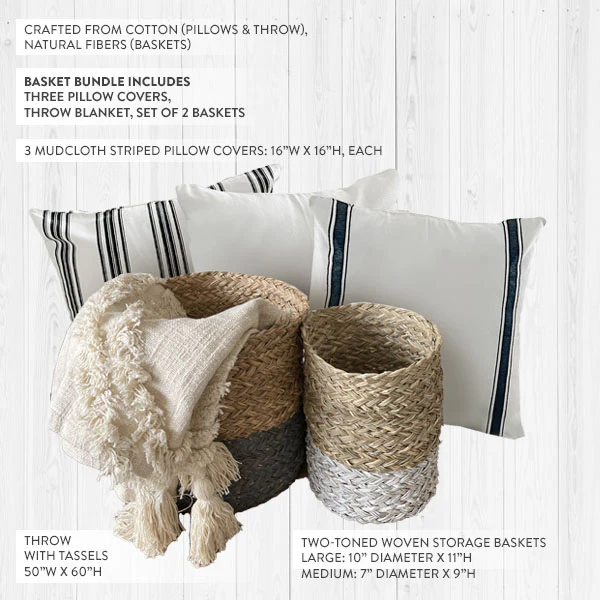 Living Room Bundle - Includes 3 pillows, 2 baskets, and 1 blanket